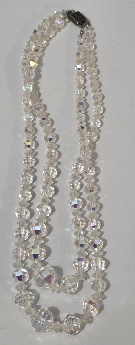 Vintage Aurora Borealis 16" Double Strand Beaded Necklace Sterling Silver Clasp